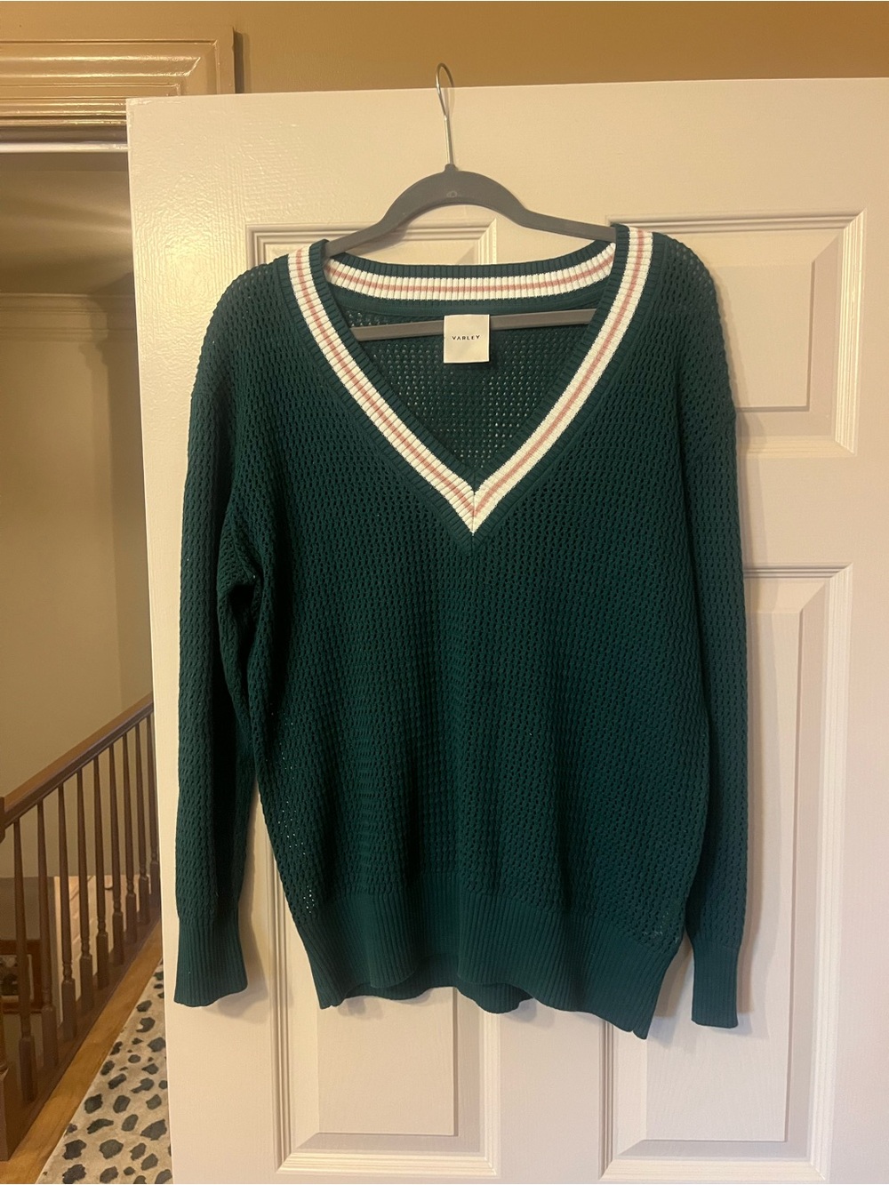 Varley Deep Teal V-Neck Sweater with White and Pink Stripe Trim